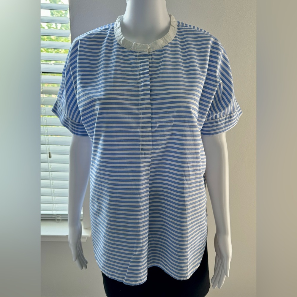 J Crew Blue & White Striped Blouse Sz M Quarter Button Dolman Sleeve Career.